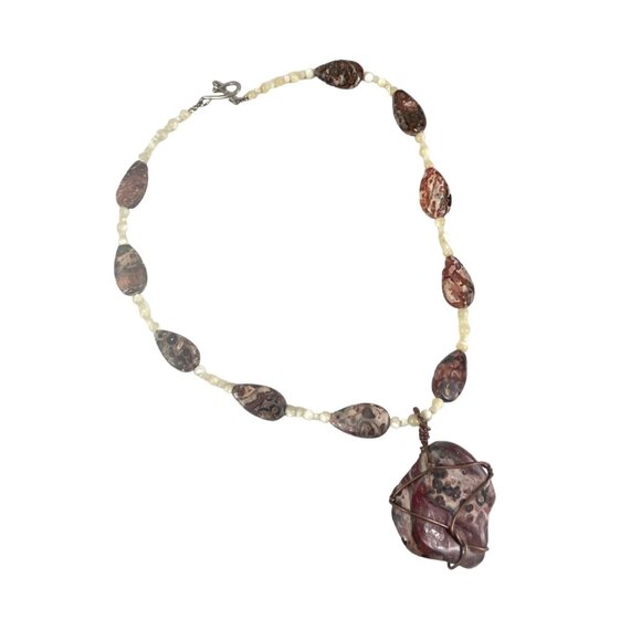 Handcrafted Leopard Skin Jasper & Pearl Necklace With Copper Wire Wrap Pendant - Picture 2 of 7